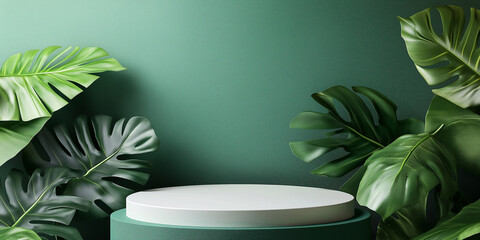 Poster - Empty white podium displaying on green background with monstera for cosmetic product presentation
