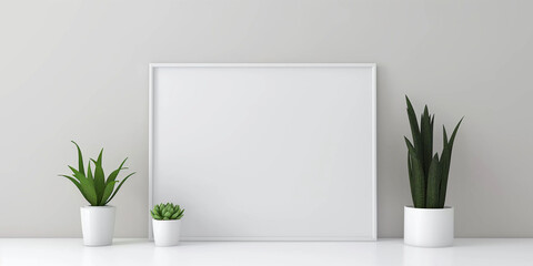 Poster - Modern interior with blank picture frame hanging on the wall with plants