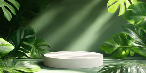 Aufkleber - Empty white round podium surrounded by monstera leaves for product placement