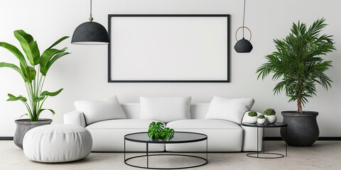 Aufkleber - Modern minimalist living room interior featuring a blank frame mockup hanging above a white sofa