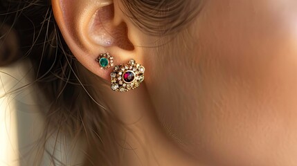 Wall Mural - Elegant ear featuring delicate gemstone stud earrings, highlighting their vibrant color and intricate setting against a neutral background