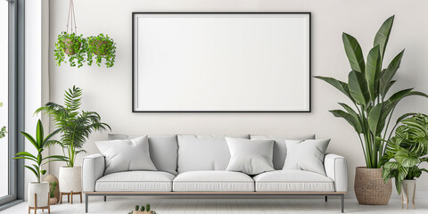 Aufkleber - Modern living room with horizontal frame mockup over white sofa and indoor plants