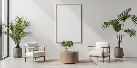 Aufkleber - Modern minimalist living room with two armchairs plants and empty frame on the wall