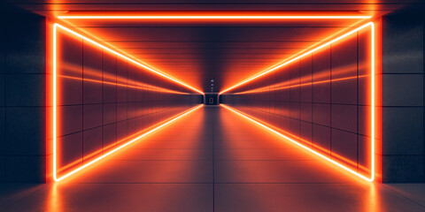 Poster - Long perspective corridor glowing with orange neon lights
