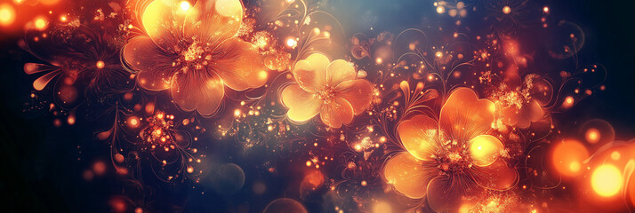 Poster - Abstract golden flowers blooming on dark background with sparkles
