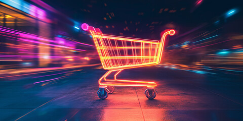 Poster - Neon shopping cart speeding through city at night representing online shopping