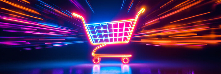 Poster - Neon shopping cart speeding through a futuristic cityscape