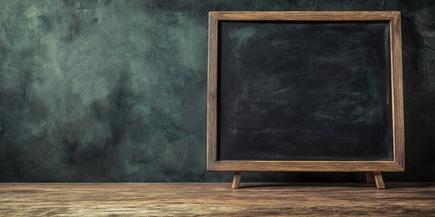 Wall Mural - Empty blackboard standing on wooden table with green wall background