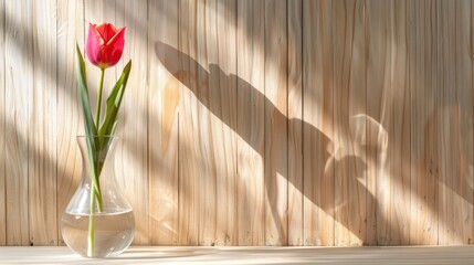 Wall Mural - tulip in glass vase on light wood surface