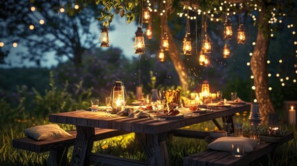 Enchanting outdoor dining table with a rustic wooden top, hanging lanterns, and a farm-to-table spread under the stars