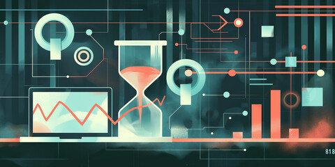 Aufkleber - Time passing, deadline approaching, hourglass with laptop showing graph and abstract shapes