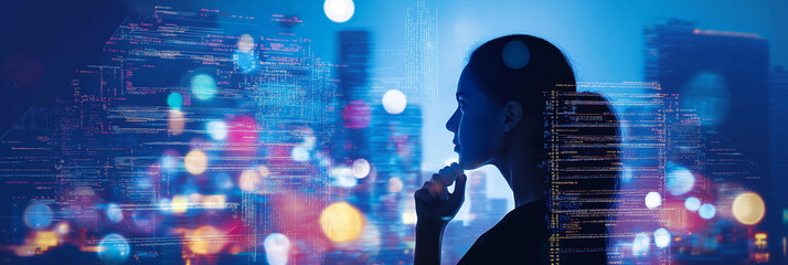 Poster - Young woman programmer thinking about source code overlooking night city skyline