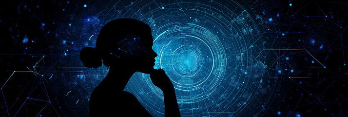 Poster - Woman silhouette thinking about artificial intelligence and neural networks