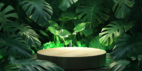 Aufkleber - Empty wooden podium surrounded by monstera plants displaying products