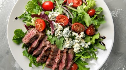 Top view of a beef steak salad with mixed greens, cherry tomatoes, blue cheese crumbles, and a balsamic vinaigrette. Ideal for healthy and nutritious meal visuals.