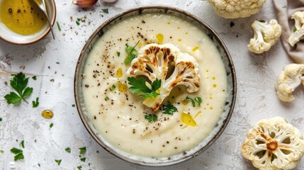 Wall Mural - Top view of a creamy cauliflower soup, garnished with roasted cauliflower and a drizzle of olive oil, on a light background