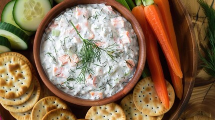 Wall Mural - Top view of a creamy salmon and dill dip, served with an assortment of fresh vegetables and crackers. Perfect for appetizers and party food themes.