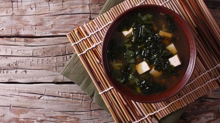 Top view of a healthy bowl of miso soup with tofu and seaweed, served with chopsticks on a bamboo mat