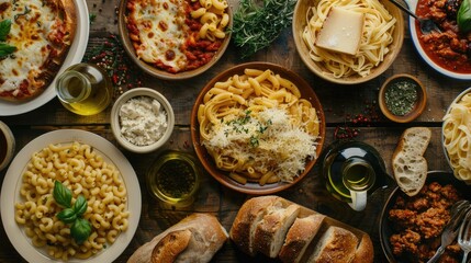 Wall Mural - Top view of a rustic pasta menu, including classic dishes like spaghetti Bolognese, mac and cheese, and Alfredo pasta, presented with fresh bread, olive oil, and herbs on a wooden table.