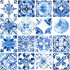 Wall Mural - A seamless modern pattern featuring watercolor hand drawn blue Dutch style tiles. Stock illustration.