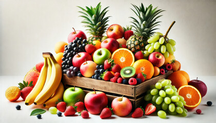 Wall Mural - Vibrant display of assorted fresh fruits including pineapples, oranges, apples, grapes, bananas, and berries in a wooden crate.