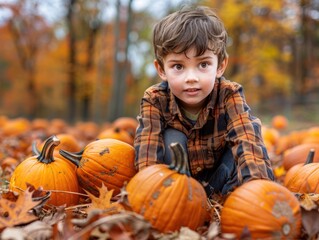 Canvas Print - A young boy surrounded by pumpkins in a field. AI.