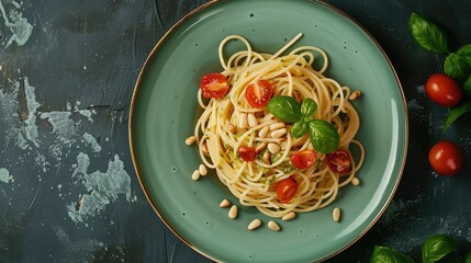 Wall Mural - Top view of a serving of spaghetti with pesto sauce, garnished with pine nuts and cherry tomatoes, placed on a vibrant green plate.