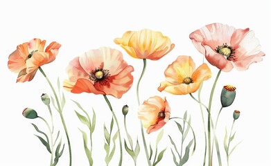 Poster - Watercolor hand-drawn poppy flowers in a beautiful composition. Stock illustration.