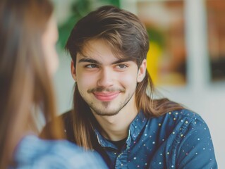 Canvas Print - A young man with a beard smiles at the camera. AI.