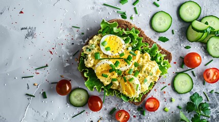 Top view of an egg salad sandwich with chives and lettuce on whole grain bread, served with a side of cherry tomatoes and cucumber slices.