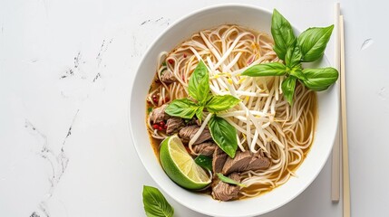 Wall Mural - Top view of pho noodles with beef, bean sprouts, basil, and lime wedges in a white bowl.