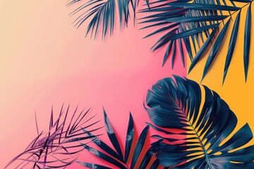 Poster - Exotic palm leaves against a bright pink and yellow background