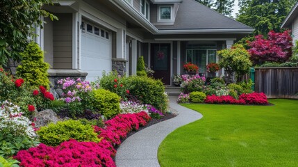 Lush green front yard with decorative plants and flowers in full bloom, adding beauty to the house