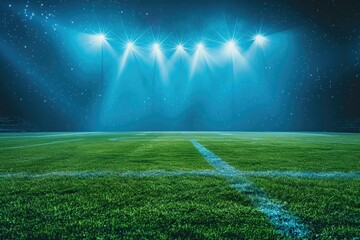 Poster - A well-lit soccer field at night with spotlights creating a dramatic atmosphere