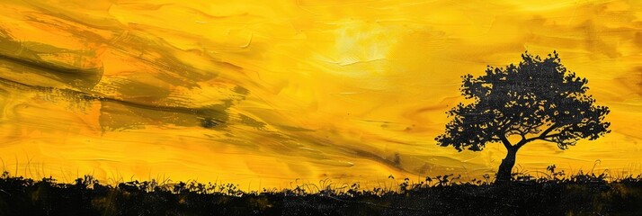 Canvas Print - Yellow sunrise with tree silhouette