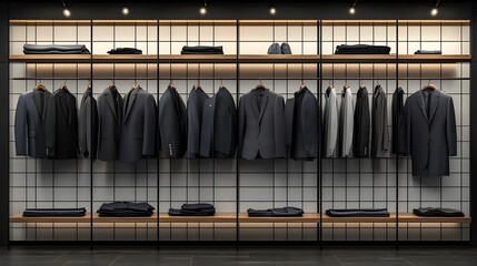 Black and gray dress clothes in a sleek shop display, white square tile wall with black grout lines, 3D garment product background