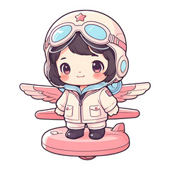 Sticker - A cartoon girl wearing a pilot's hat