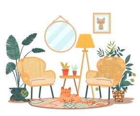 Cute flat vector illustration of an interior design with cat pet adorable minimal