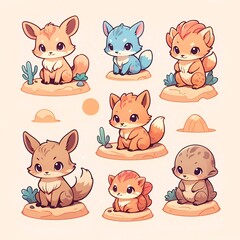 Poster - A group of cute cartoon animals, including a fox, sit on a sandy surface