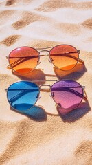 Fashionable colored sunglasses on warm sand under sunlight, showing natural light and shadow play, stylish summer eyeglasses with colorful lenses. Optical shop summer sale idea. Top view lifestyle