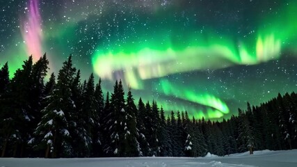 Aufkleber - Colorful auroras illuminate a snowy forest, with vibrant shades of green and pink swirling against a backdrop of a starlit night.