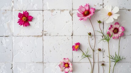 Wall Mural - cosmos flower on white tile with rustic top view