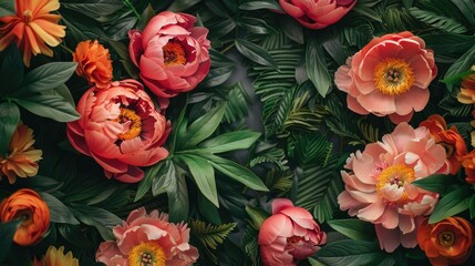 Wall Mural - Close up of vibrant peonies on floral backdrop with empty space