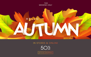 Poster - Autumn sale background, poster or cover. Trendy fall design with border made of beautiful autumn leaves. Modern fall template for banner, flyer, advertising, web, social media, marketing material.