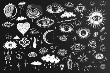 Poster - Black and white drawings of different eye shapes and styles, suitable for use in design projects or editorial content