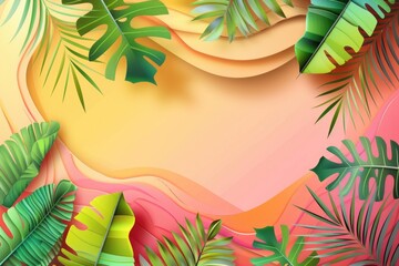 Poster - Palm leaves and ocean waves on a tropical beach, great for travel or nature scenes