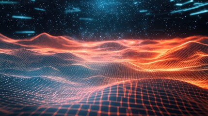 Poster - 3D digital landscape with grid lines and open space for technology-related copy.