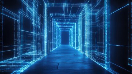 Poster - 3D glowing wireframe structure with blue lighting, featuring blank space for copy.