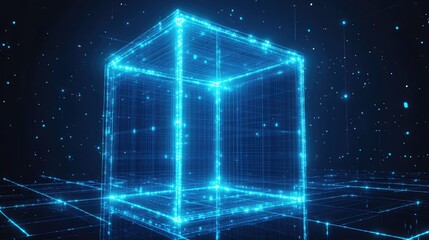 Poster - 3d glowing wireframe structure with blue lighting, featuring blank space for copy.