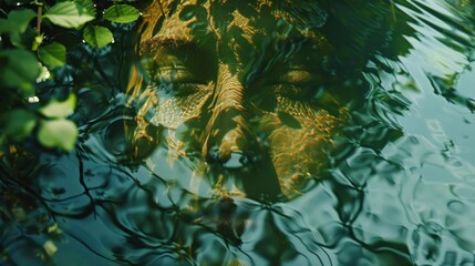 Wall Mural - A close-up view of a person's face submerged in water, with ripples and reflections